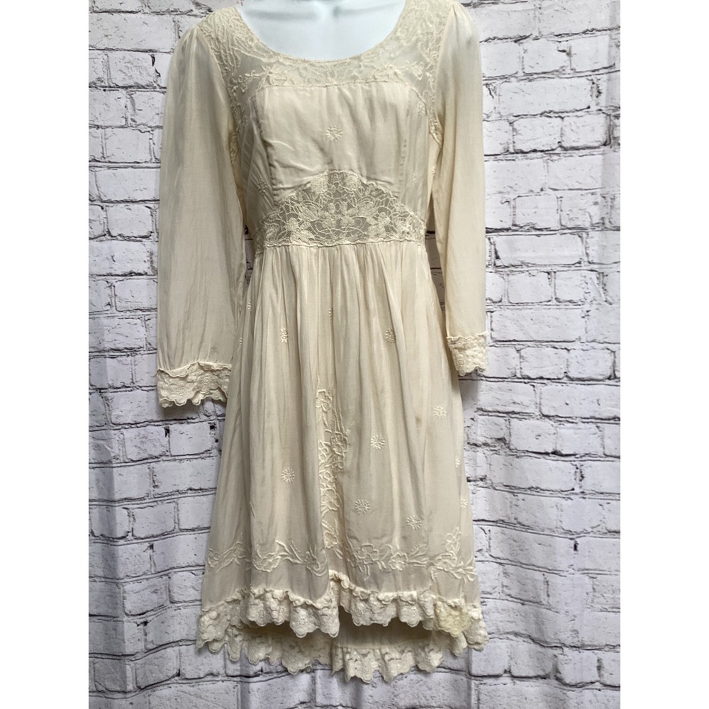 Free People Cream Lace Embroidered Boho Mini Dress Long Sleeve High Low Ivory - Picture 1 of 6